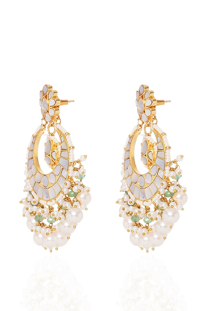 Gold Plated Pearl & Green Onyx Chandbali Earrings by Preeti Mohan at Pernia's Pop Up Shop
