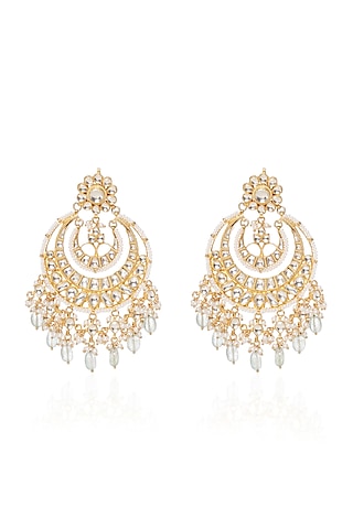Gold Plated Green Onyx & Pearl Chandbali Earrings by Preeti Mohan