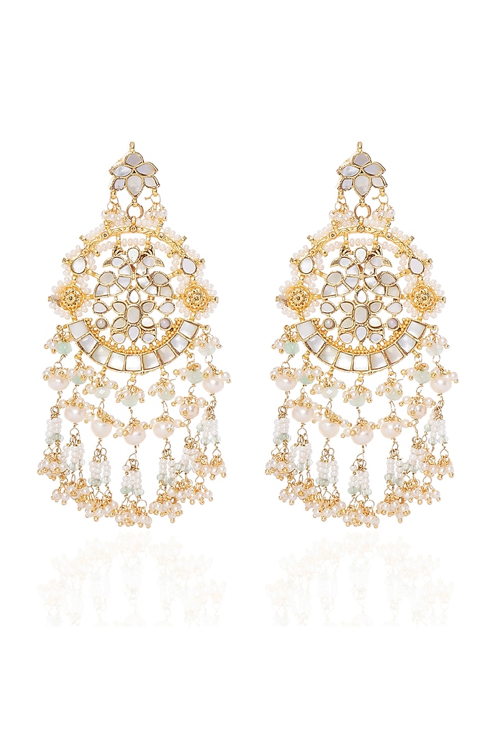 Gold Plated Mother Of Pearl & Green Onyx Chandbali Earrings by Preeti Mohan at Pernia's Pop Up Shop