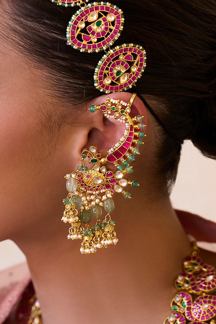 Gold Plated Red & Green Onyx Dangler Earrings by Preeti Mohan at Pernia's Pop Up Shop