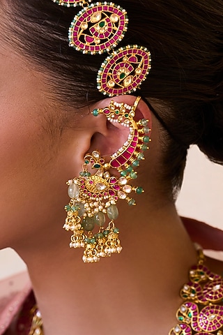 Gold Plated Red & Green Onyx Dangler Earrings by Preeti Mohan