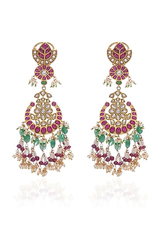 Gold Plated Red & Green Onyx Chandbali Earrings by Preeti Mohan