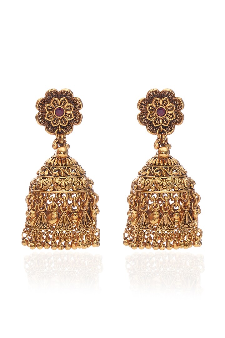 Gold Plated Jhumka Earrings by Preeti Mohan at Pernia's Pop Up Shop