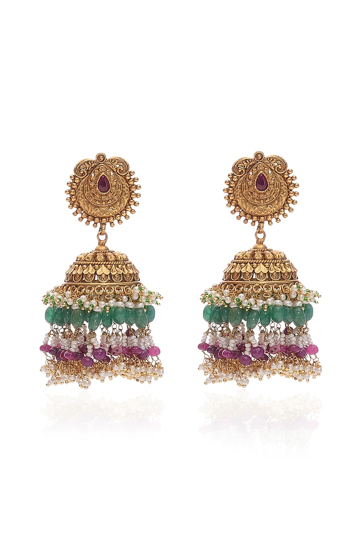 Gold Plated Red & Green Onyx Jhumka Earrings by Preeti Mohan at Pernia's Pop Up Shop