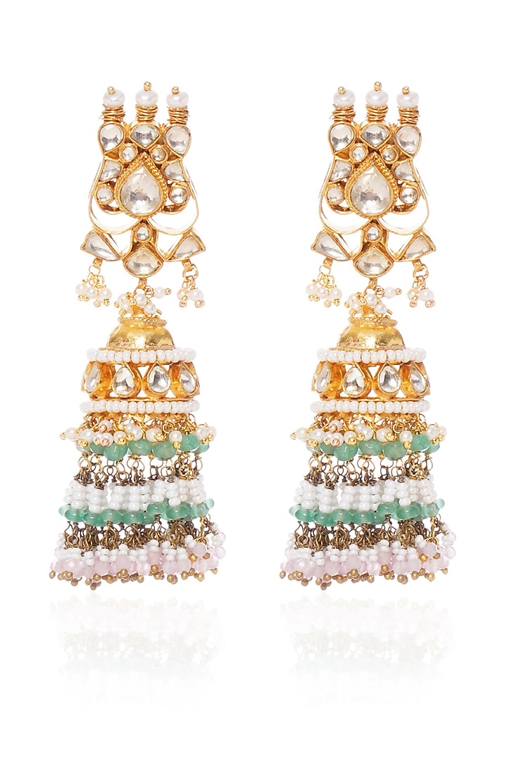 Gold Plated Green Onyx & Pearl Jhumka Earrings by Preeti Mohan at Pernia's Pop Up Shop