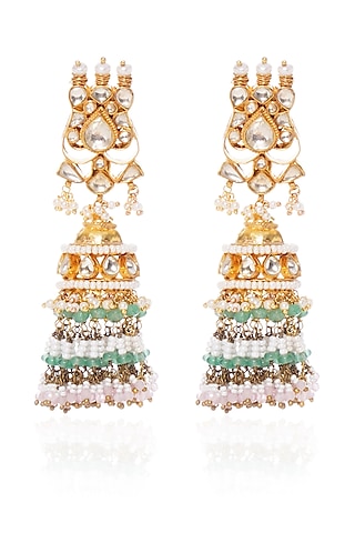Gold Plated Green Onyx & Pearl Jhumka Earrings by Preeti Mohan