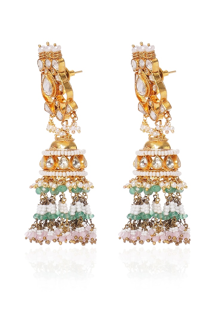 Gold Plated Green Onyx & Pearl Jhumka Earrings by Preeti Mohan at Pernia's Pop Up Shop