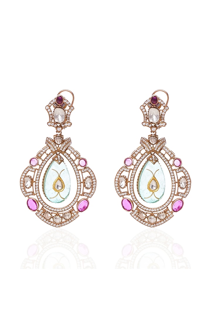 Gold Plated Red & Green Dangler Earrings by Preeti Mohan at Pernia's Pop Up Shop