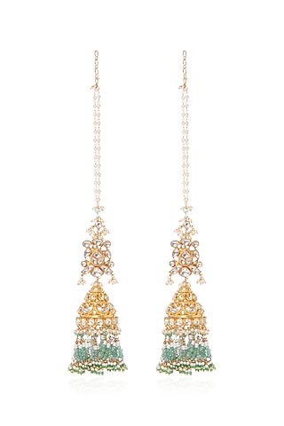 Gold Plated Green Onyx & Pearl Jhumka Earrings by Preeti Mohan