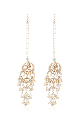 Gold Plated Green Onyx & Pearl Dangler Earrings by Preeti Mohan