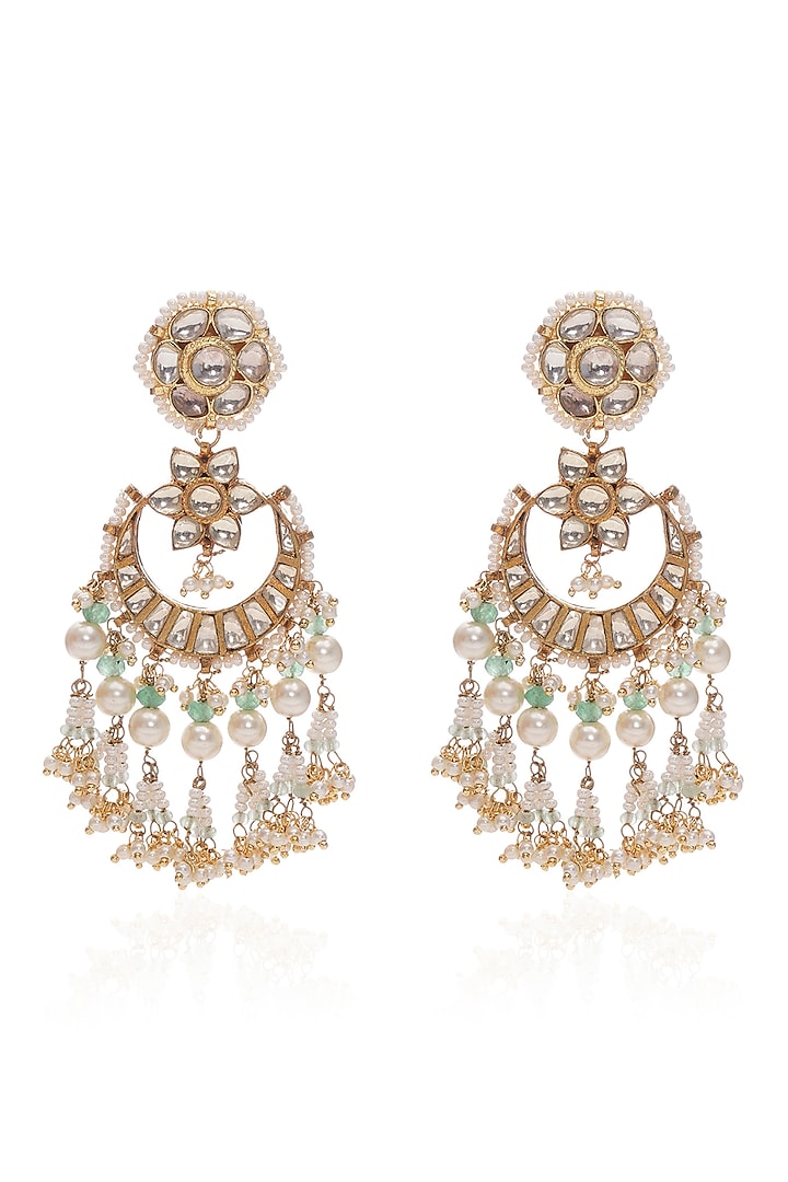Gold Plated Green Onyx & Pearl Chandbali Earrings by Preeti Mohan at Pernia's Pop Up Shop