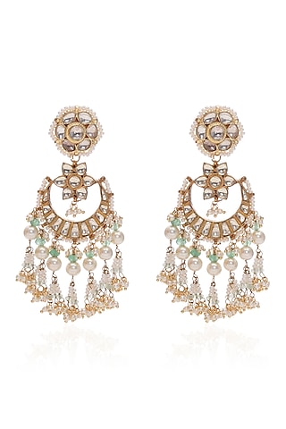 Gold Plated Green Onyx & Pearl Chandbali Earrings by Preeti Mohan