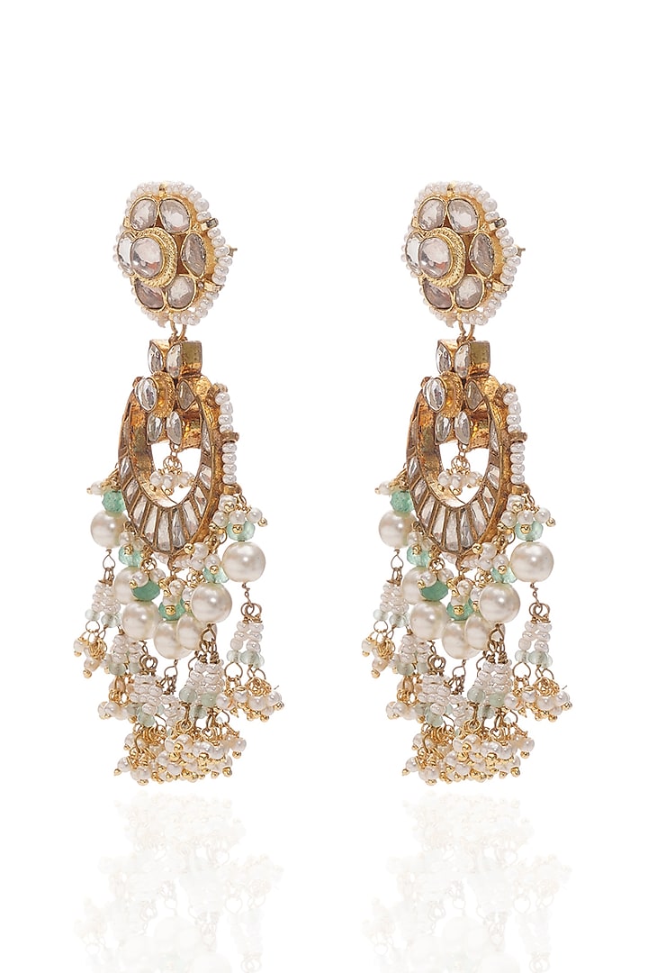 Gold Plated Green Onyx & Pearl Chandbali Earrings by Preeti Mohan at Pernia's Pop Up Shop