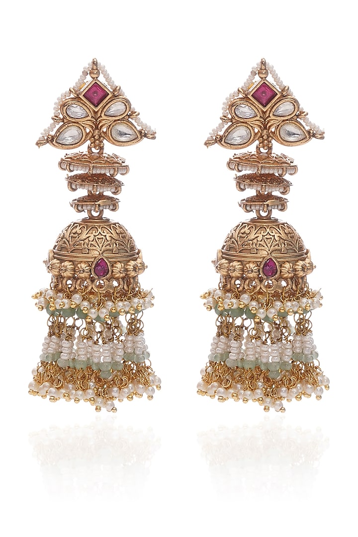 Gold Plated Green Onyx & Pearl Jhumka Earrings by Preeti Mohan at Pernia's Pop Up Shop