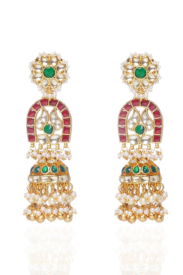 Gold Plated Red & Green Pearl Jhumka Earrings by Preeti Mohan at Pernia's Pop Up Shop