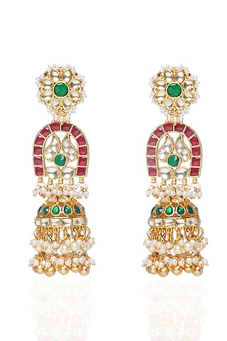 Gold Plated Red & Green Pearl Jhumka Earrings by Preeti Mohan