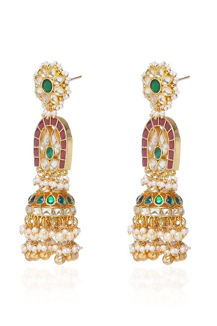 Gold Plated Red & Green Pearl Jhumka Earrings by Preeti Mohan at Pernia's Pop Up Shop