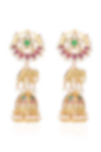 Gold Plated Red & Green Pearl Jhumka Earrings by Preeti Mohan at Pernia's Pop Up Shop