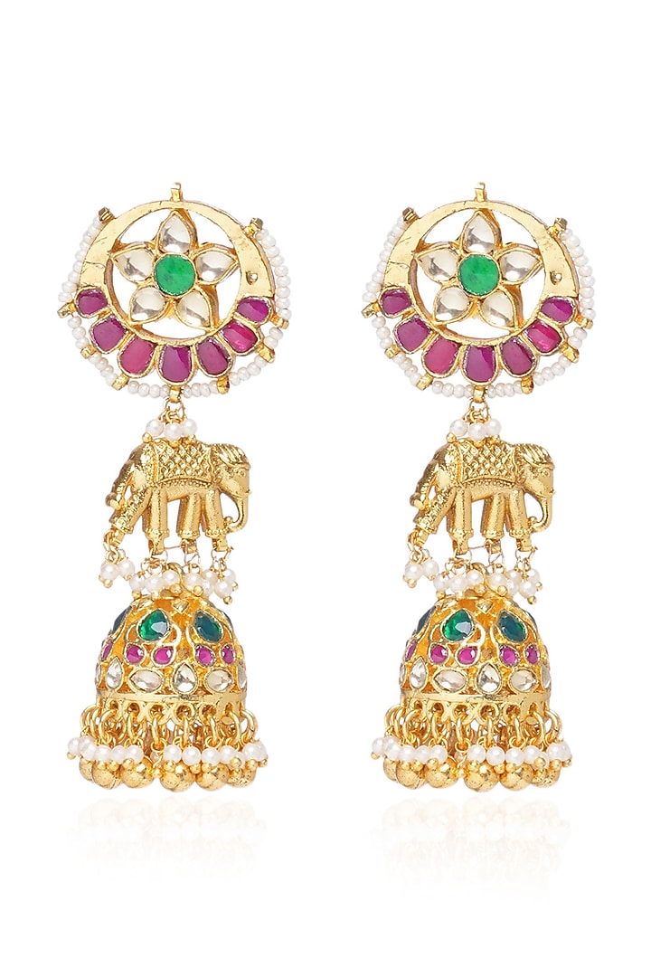 Gold Plated Red & Green Pearl Jhumka Earrings by Preeti Mohan at Pernia's Pop Up Shop