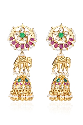 Gold Plated Red & Green Pearl Jhumka Earrings by Preeti Mohan