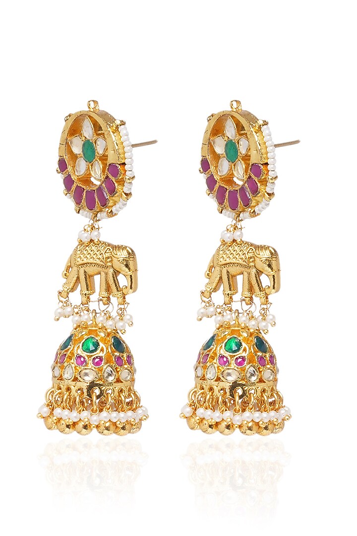 Gold Plated Red & Green Pearl Jhumka Earrings by Preeti Mohan at Pernia's Pop Up Shop