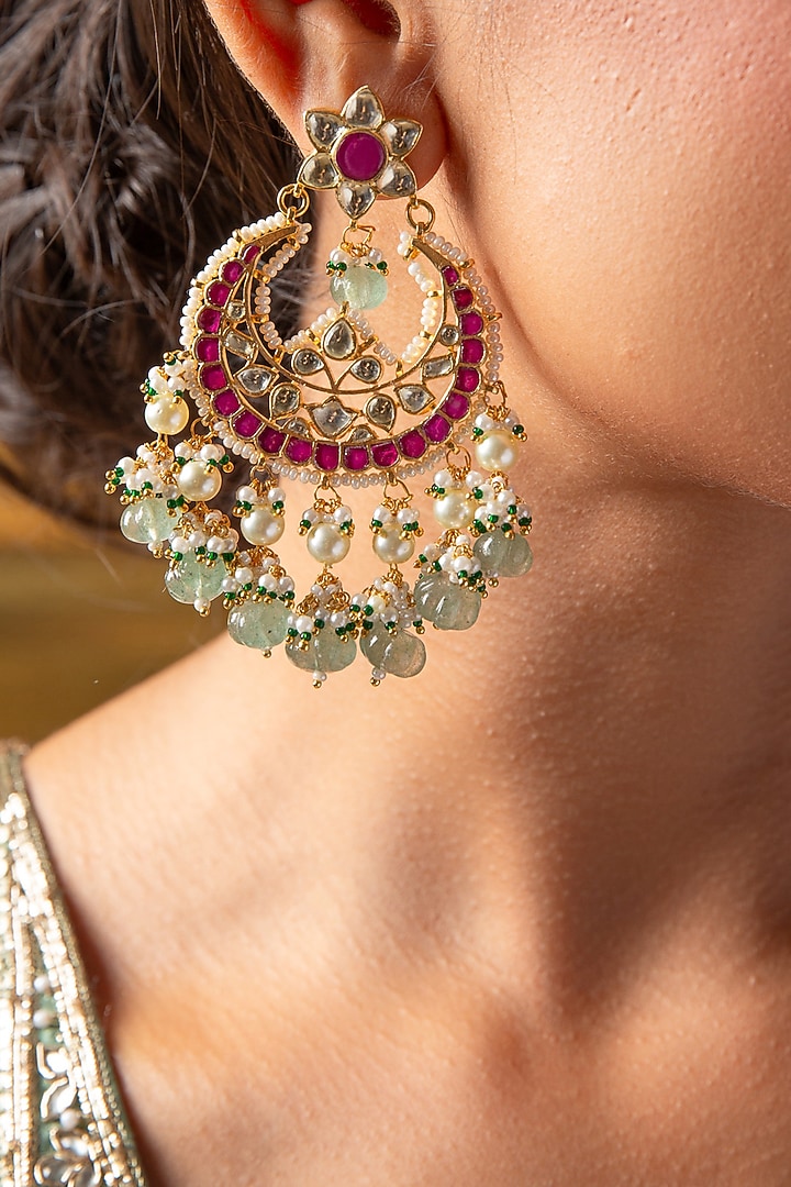 Gold Plated Green Onyx & Pearl Chandbali Earrings by Preeti Mohan at Pernia's Pop Up Shop