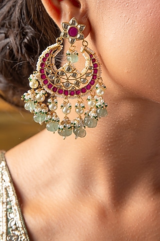 Gold Plated Green Onyx & Pearl Chandbali Earrings by Preeti Mohan