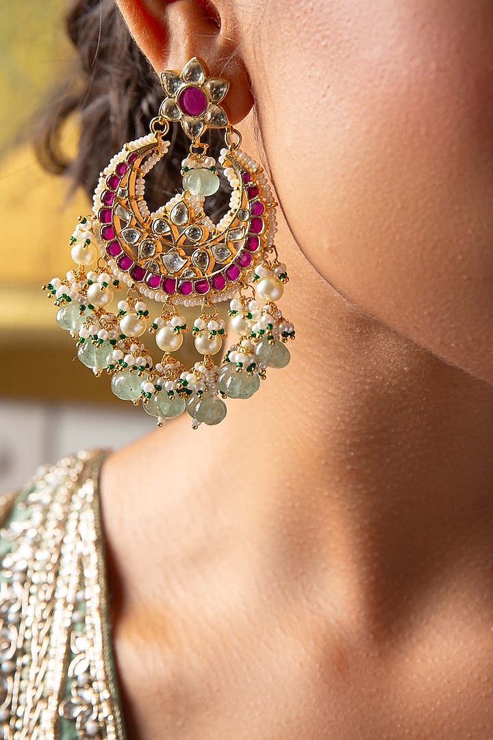 Gold Plated Green Onyx & Pearl Chandbali Earrings by Preeti Mohan at Pernia's Pop Up Shop
