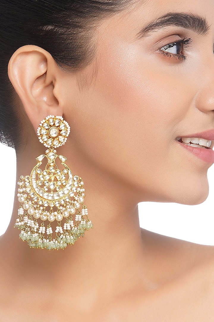 Gold Plated Green Onyx & Pearl Chandbali Earrings by Preeti Mohan at Pernia's Pop Up Shop