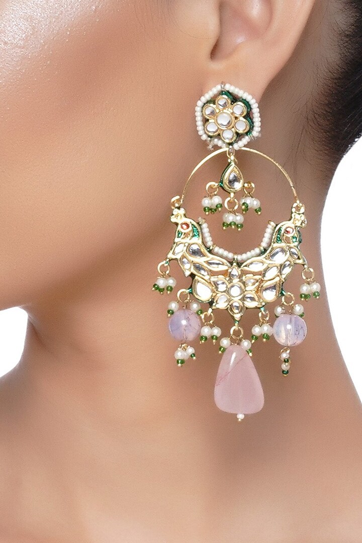 Gold Plated Pink Rose Quartz Stone Chandbali Earrings by Preeti Mohan at Pernia's Pop Up Shop