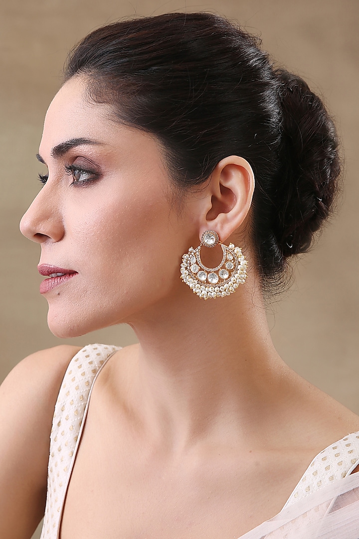 Gold Plated White Pearl Chandbali Earrings by Preeti Mohan at Pernia's Pop Up Shop