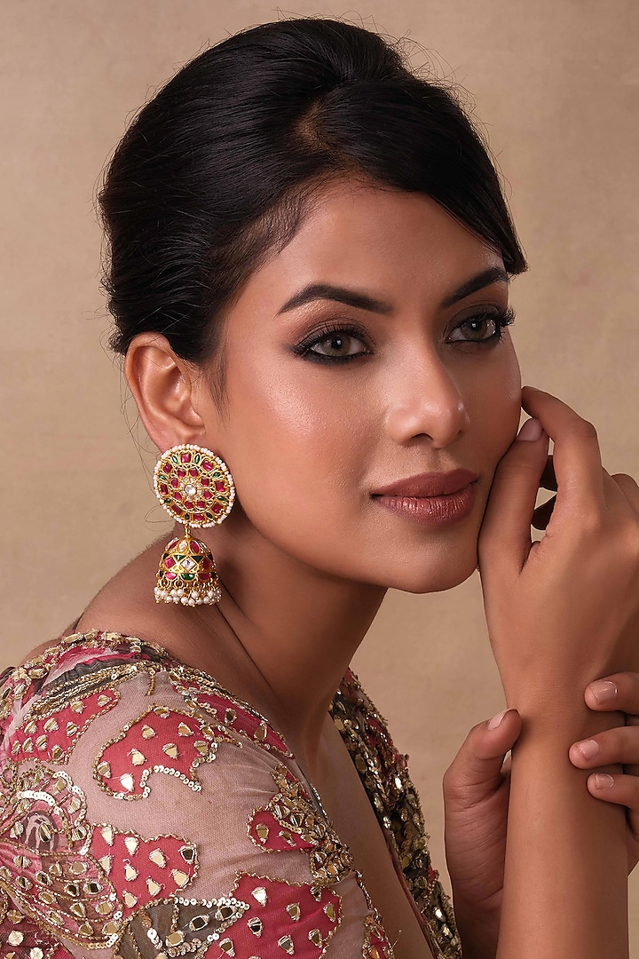 Gold Plated Red & Green Stone Jhumka Earrings by Preeti Mohan at Pernia's Pop Up Shop