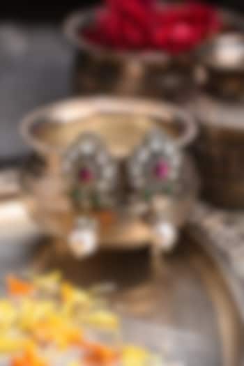 Gold Plated Red & Green Stone Dangler Earrings by Preeti Mohan at Pernia's Pop Up Shop