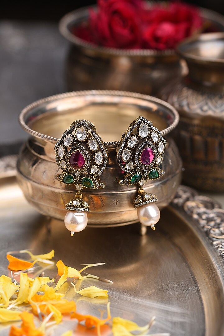 Gold Plated Red & Green Stone Dangler Earrings by Preeti Mohan at Pernia's Pop Up Shop