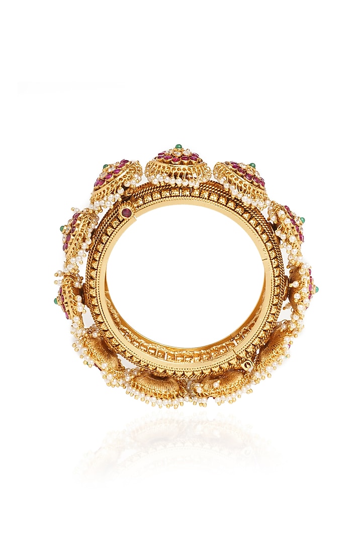Gold Plated Red & Green Stone Bangles (Set Of 2) by Preeti Mohan at Pernia's Pop Up Shop
