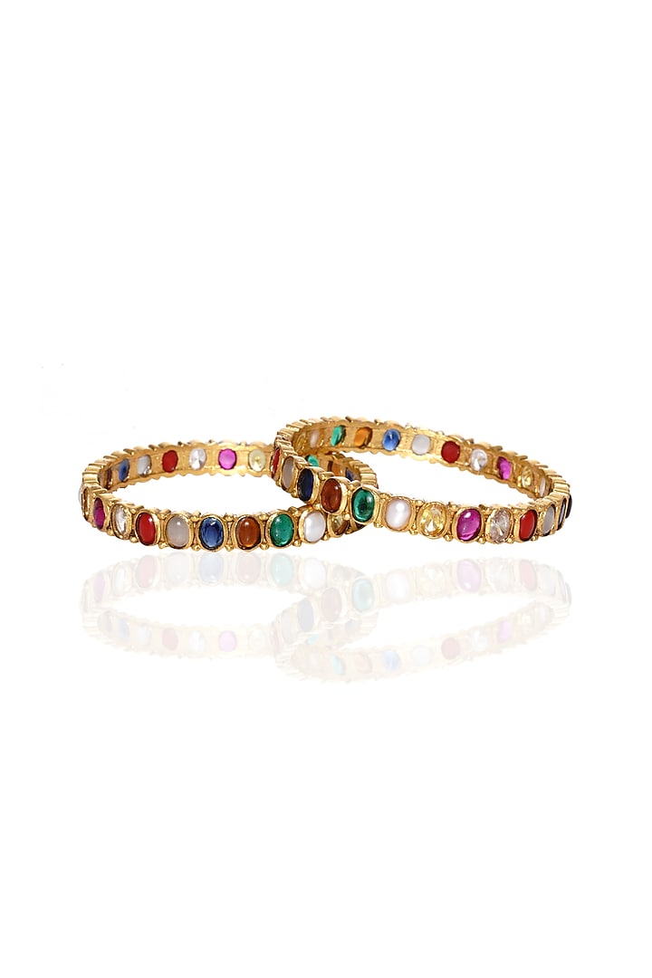 Gold Plated Navratna Stone Bangles (Set Of 2) by Preeti Mohan at Pernia's Pop Up Shop