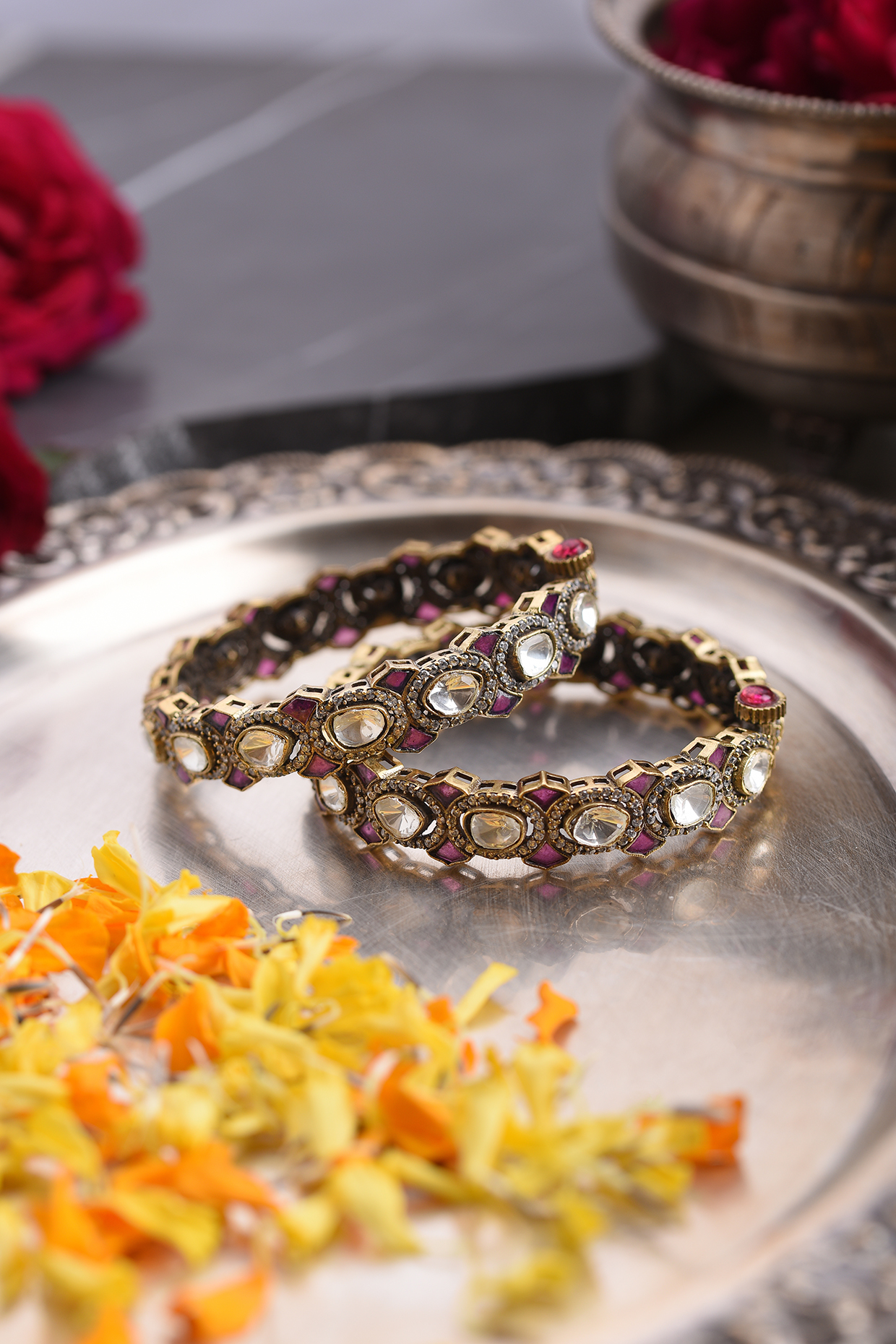 Gold Plated Red Stone Bangles (Set Of 2) by Preeti Mohan at Pernia's Pop Up Shop