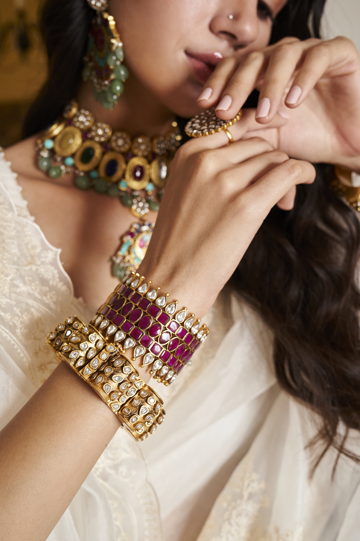 Gold Plated White & Gold Stone Bangles (Set Of 2) by Preeti Mohan at Pernia's Pop Up Shop