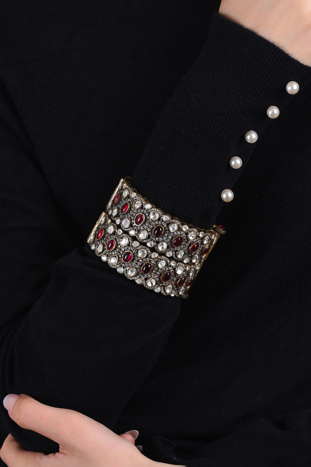Gold Plated Red & White Stone Bangles (Set Of 2) by Preeti Mohan at Pernia's Pop Up Shop