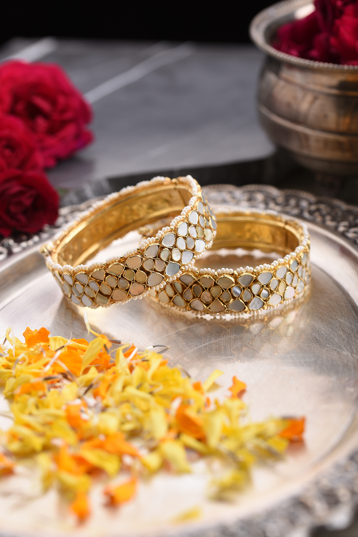 Gold Plated White Stone Bangles (Set Of 2) by Preeti Mohan at Pernia's Pop Up Shop