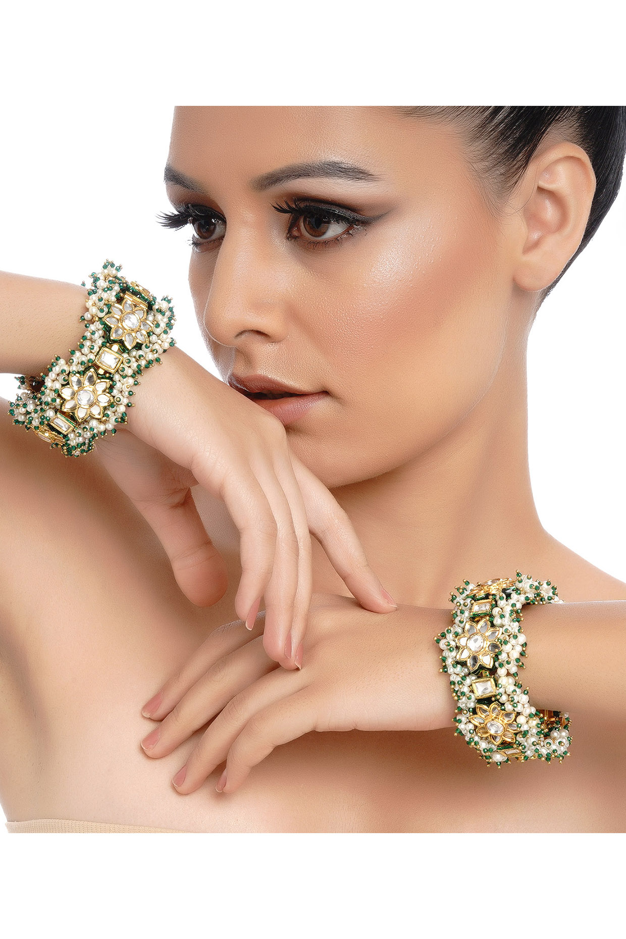 Gold Plated Green Stone Bangles (Set Of 2) by Preeti Mohan at Pernia's Pop Up Shop