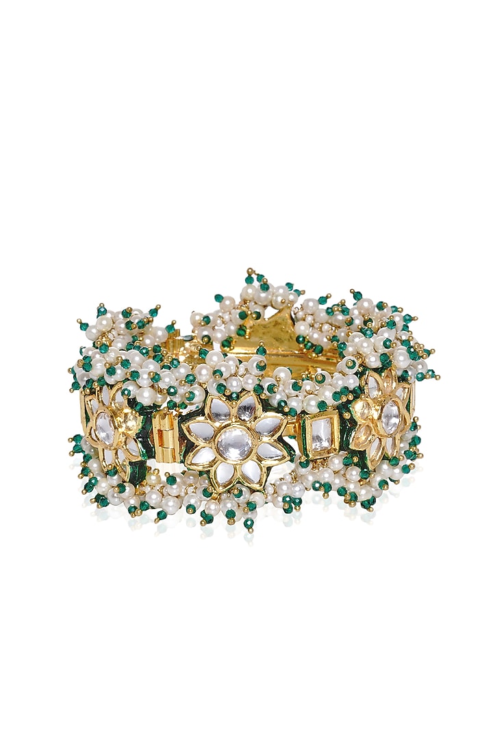 Gold Plated Green Stone Bangles (Set Of 2) by Preeti Mohan at Pernia's Pop Up Shop