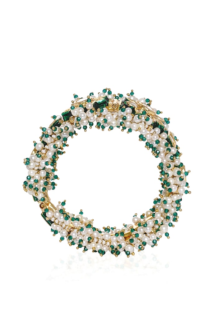 Gold Plated Green Stone Bangles (Set Of 2) by Preeti Mohan at Pernia's Pop Up Shop