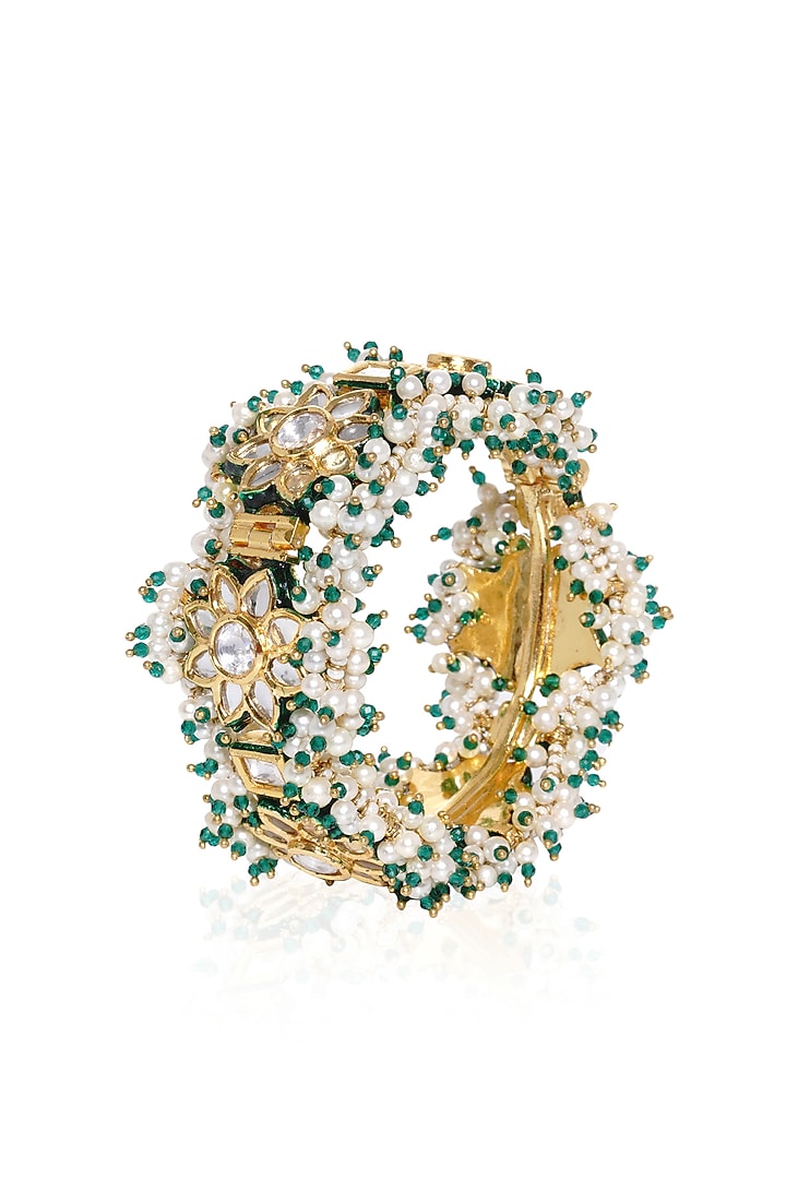 Gold Plated Green Stone Bangles (Set Of 2) by Preeti Mohan at Pernia's Pop Up Shop