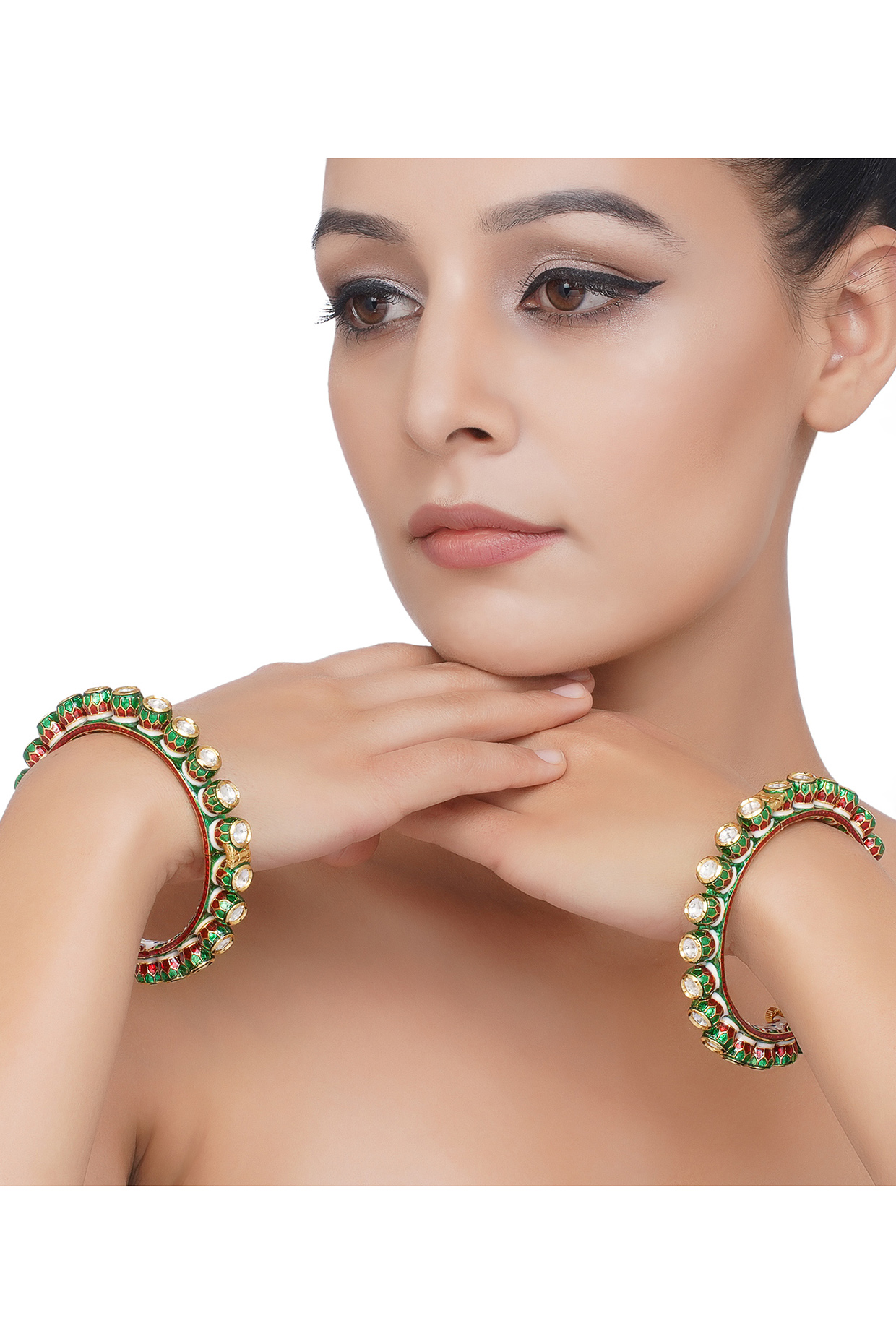 Gold Plated Green Stone Bangles (Set Of 2) by Preeti Mohan at Pernia's Pop Up Shop
