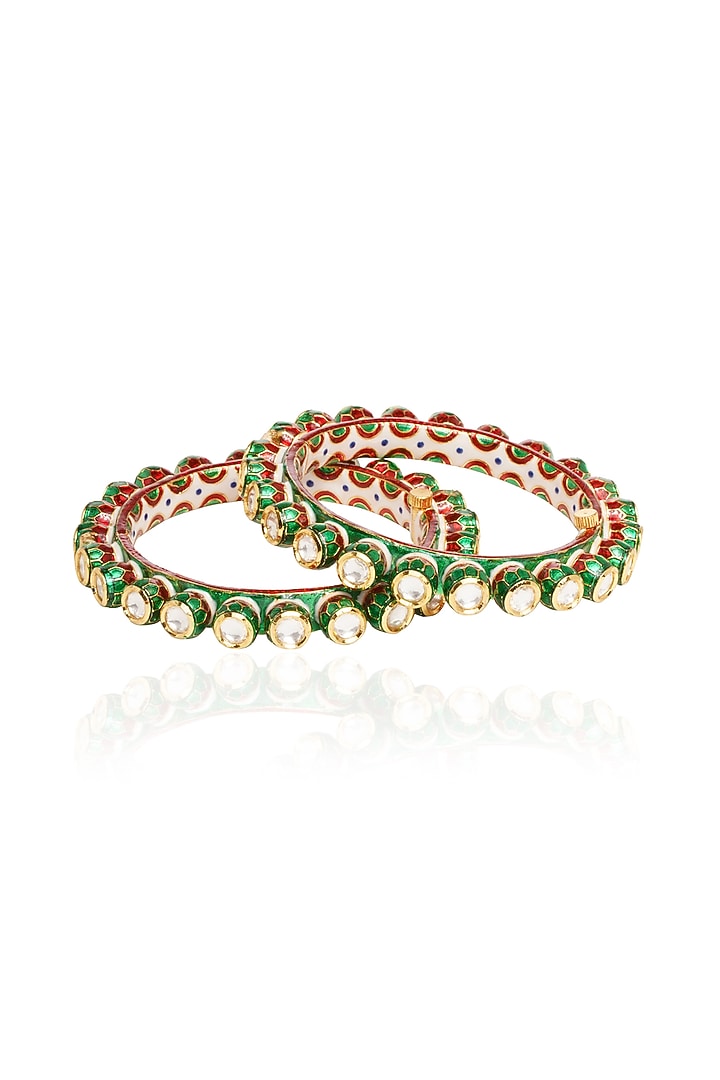 Gold Plated Green Stone Bangles (Set Of 2) by Preeti Mohan at Pernia's Pop Up Shop