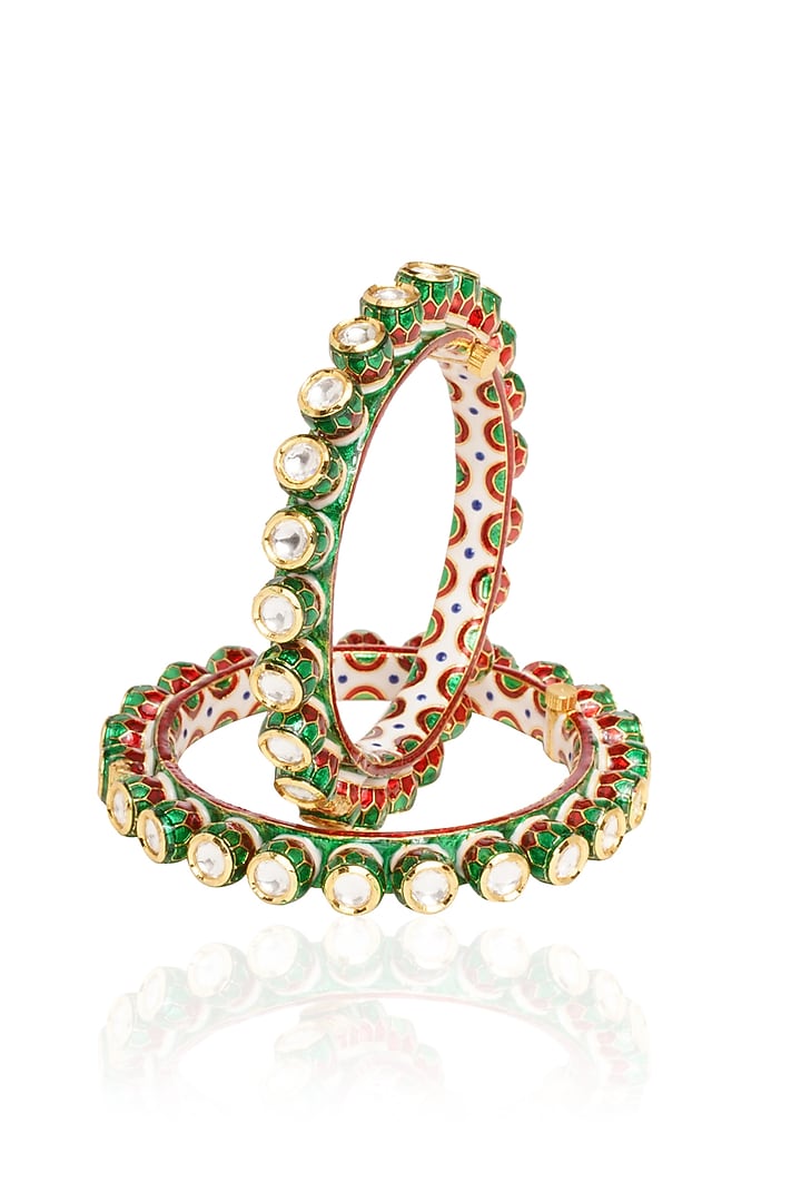 Gold Plated Green Stone Bangles (Set Of 2) by Preeti Mohan at Pernia's Pop Up Shop