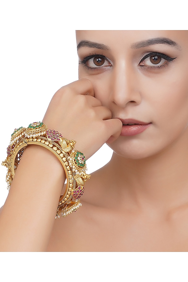 Gold Plated Red & Green Stone Bangle by Preeti Mohan at Pernia's Pop Up Shop