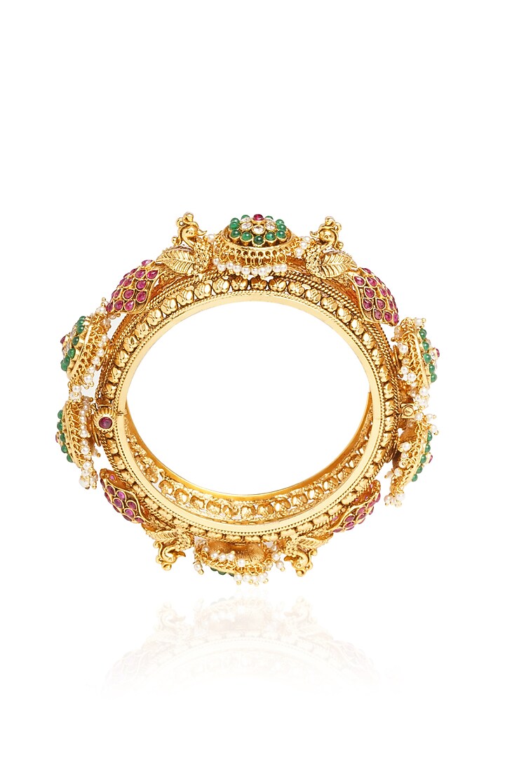 Gold Plated Red & Green Stone Bangle by Preeti Mohan at Pernia's Pop Up Shop
