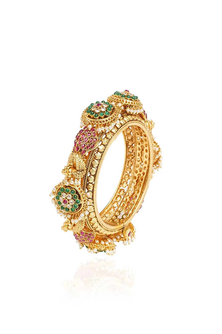 Gold Plated Red & Green Stone Bangle by Preeti Mohan at Pernia's Pop Up Shop